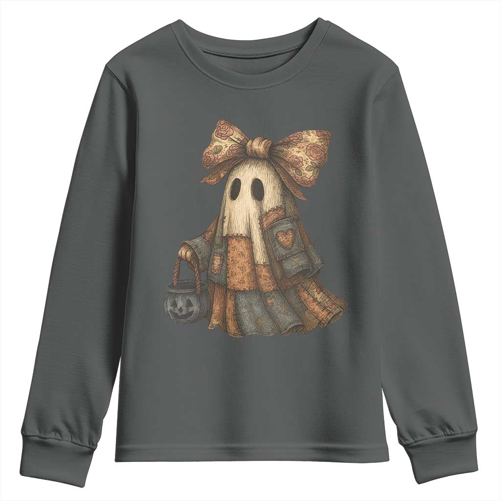 Halloween Vintage Denim Patchwork Spooky Ghost Coquette Youth Sweatshirt TS11 Dark Heather Print Your Wear
