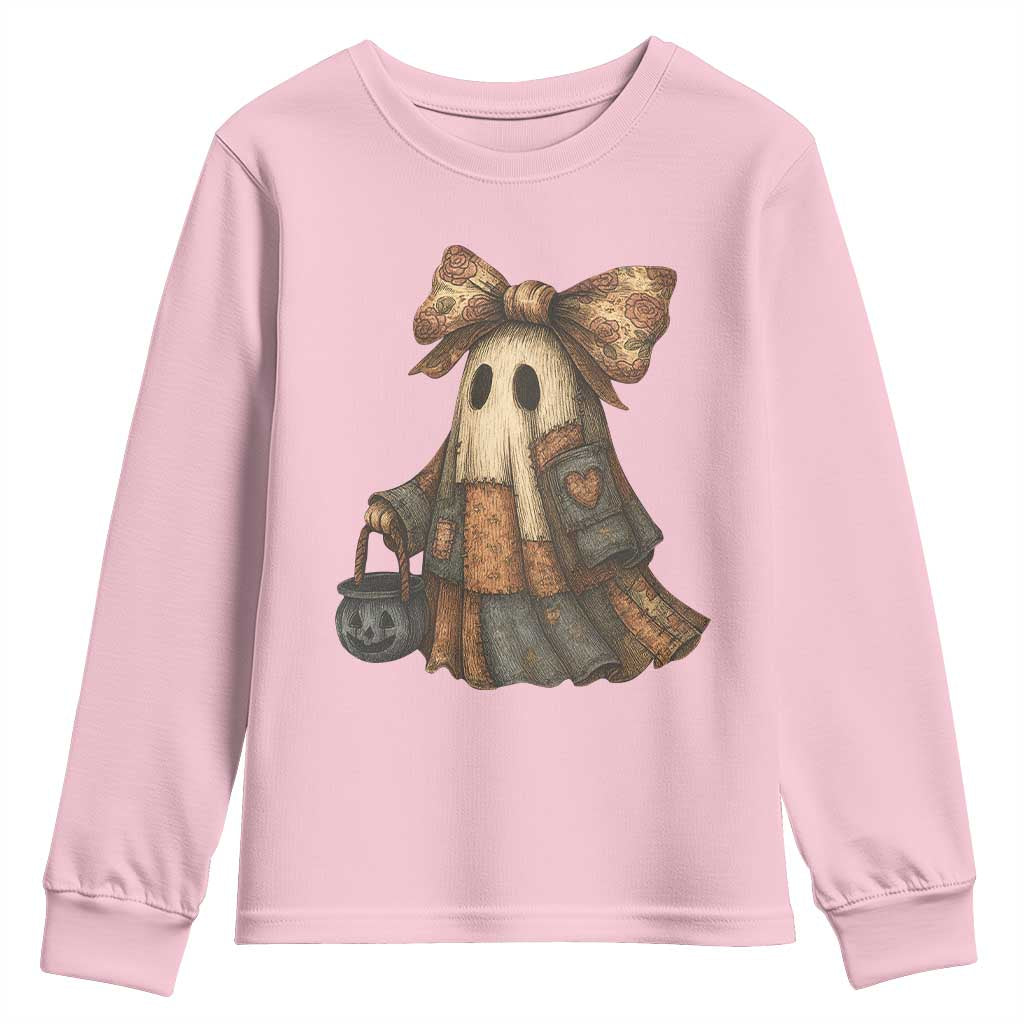 Halloween Vintage Denim Patchwork Spooky Ghost Coquette Youth Sweatshirt TS11 Light Pink Print Your Wear