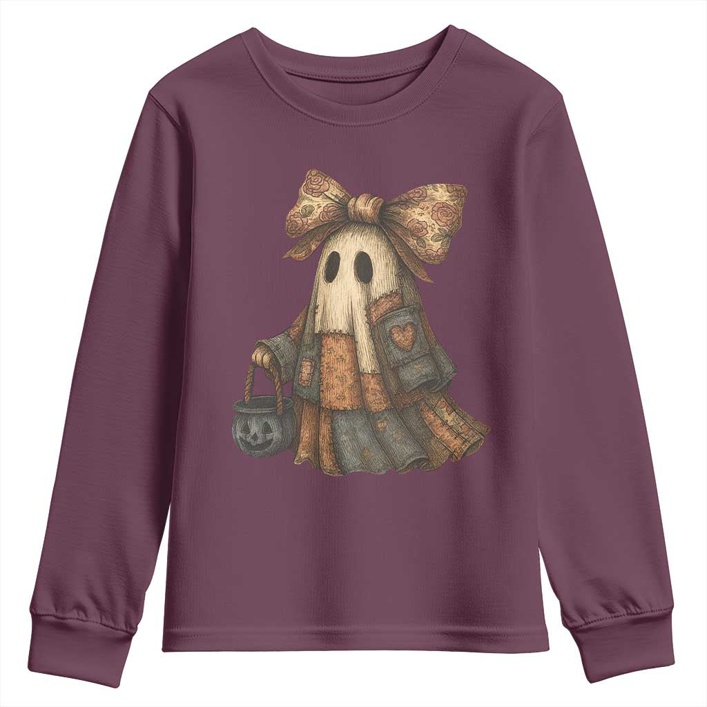Halloween Vintage Denim Patchwork Spooky Ghost Coquette Youth Sweatshirt TS11 Maroon Print Your Wear