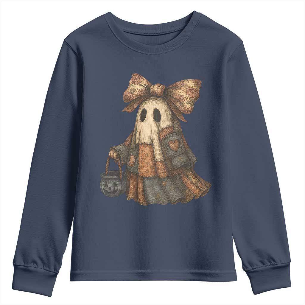 Halloween Vintage Denim Patchwork Spooky Ghost Coquette Youth Sweatshirt TS11 Navy Print Your Wear