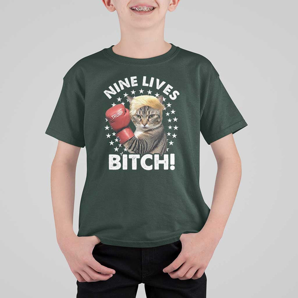 Funny Trump T Shirt For Kid Nine Lives Bitch Cat Trump Blond Hair Boxing TS11 Dark Forest Green Print Your Wear