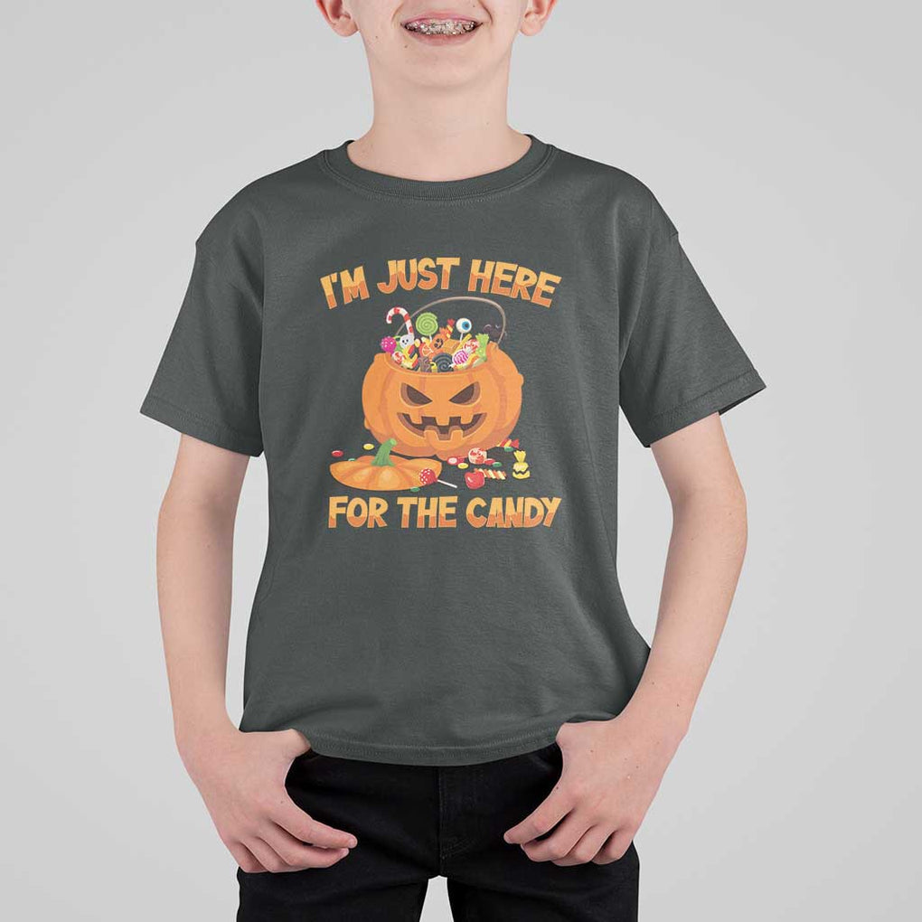 Funny Halloween T Shirt For Kid I'm Just here For The Candy Pumpkin Candy Trick Or Treat TS11 Dark Heather Print Your Wear