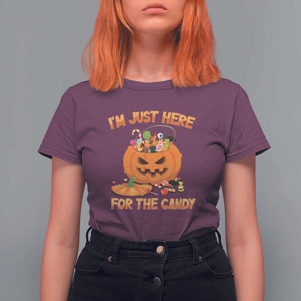 Funny Halloween T Shirt For Women I'm Just here For The Candy Pumpkin Candy Trick Or Treat TS11 Maroon Print Your Wear