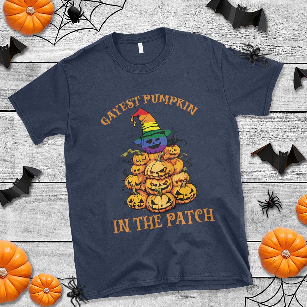 Funny Halloween LGBT T Shirt Gayest Pumpkin In The Patch Rainbow Flag TS11 Navy Print Your Wear