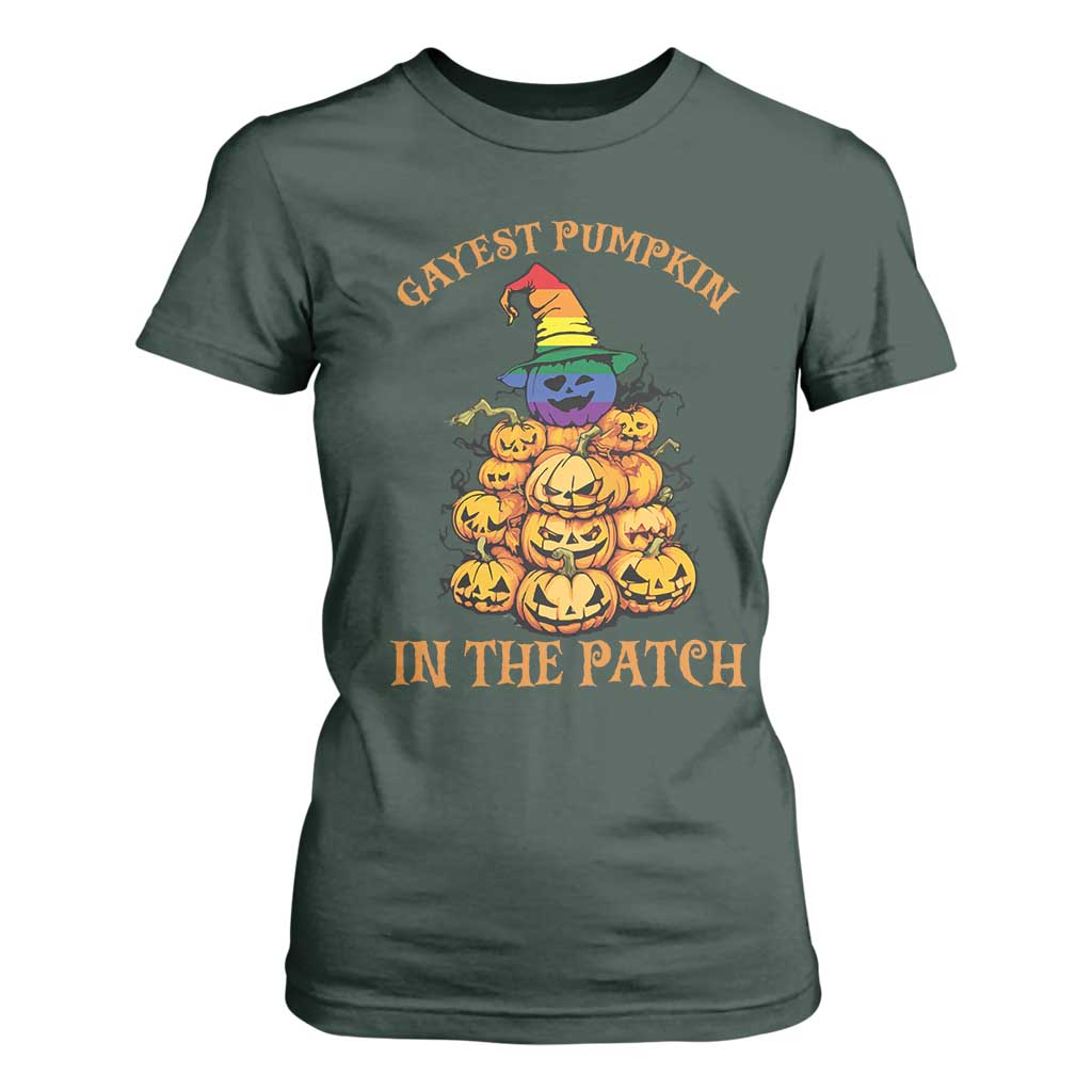 Funny Halloween LGBT T Shirt For Women Gayest Pumpkin In The Patch Rainbow Flag TS11 Dark Forest Green Print Your Wear