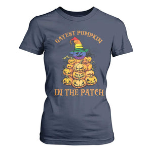 Funny Halloween LGBT T Shirt For Women Gayest Pumpkin In The Patch Rainbow Flag TS11 Navy Print Your Wear