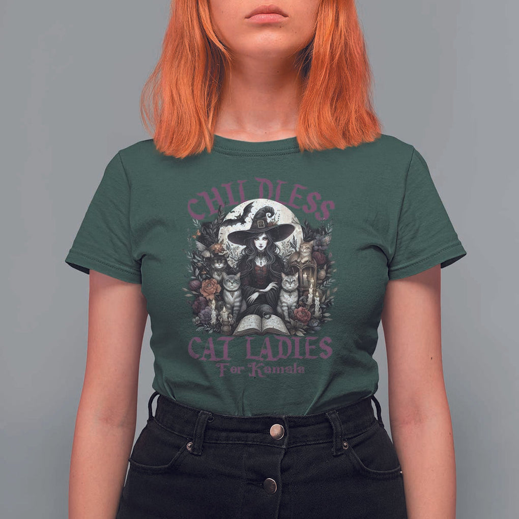 Harris Supporter T Shirt For Women Childless Cat Ladies For Kamala Mysterious Witch Cats Flower TS11 Dark Forest Green Print Your Wear