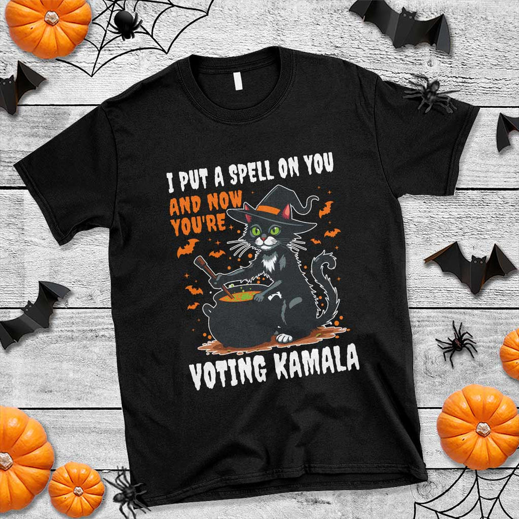 Funny Harris Halloween T Shirt I Put A Spell On You And Now You're Voting Kamala Black Cat Witch TS11 Black Print Your Wear
