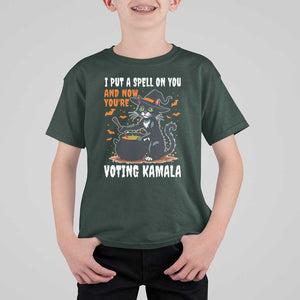 Funny Harris Halloween T Shirt For Kid I Put A Spell On You And Now You're Voting Kamala Black Cat Witch TS11 Dark Forest Green Print Your Wear