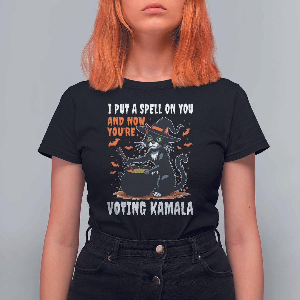Funny Harris Halloween T Shirt For Women I Put A Spell On You And Now You're Voting Kamala Black Cat Witch TS11 Black Print Your Wear