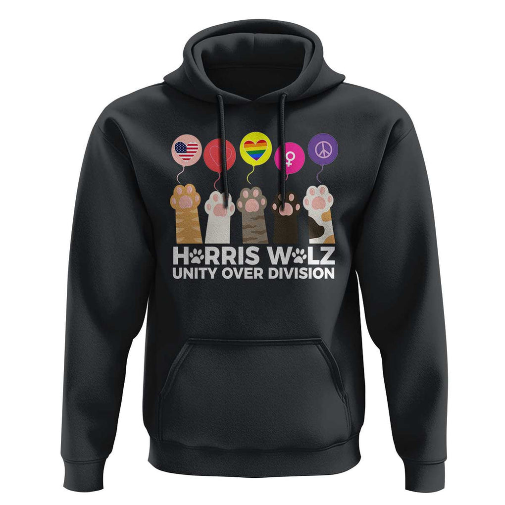 Funny Harris Walz Supporter Hoodie Unity Over Division Cat Paw American Flag Human Rights Feminism Equal Rights TS11 Black Print Your Wear