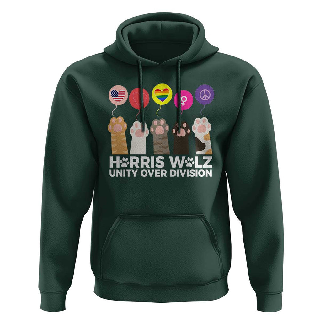 Funny Harris Walz Supporter Hoodie Unity Over Division Cat Paw American Flag Human Rights Feminism Equal Rights TS11 Dark Forest Green Print Your Wear