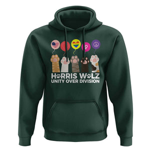 Funny Harris Walz Supporter Hoodie Unity Over Division Cat Paw American Flag Human Rights Feminism Equal Rights TS11 Dark Forest Green Print Your Wear