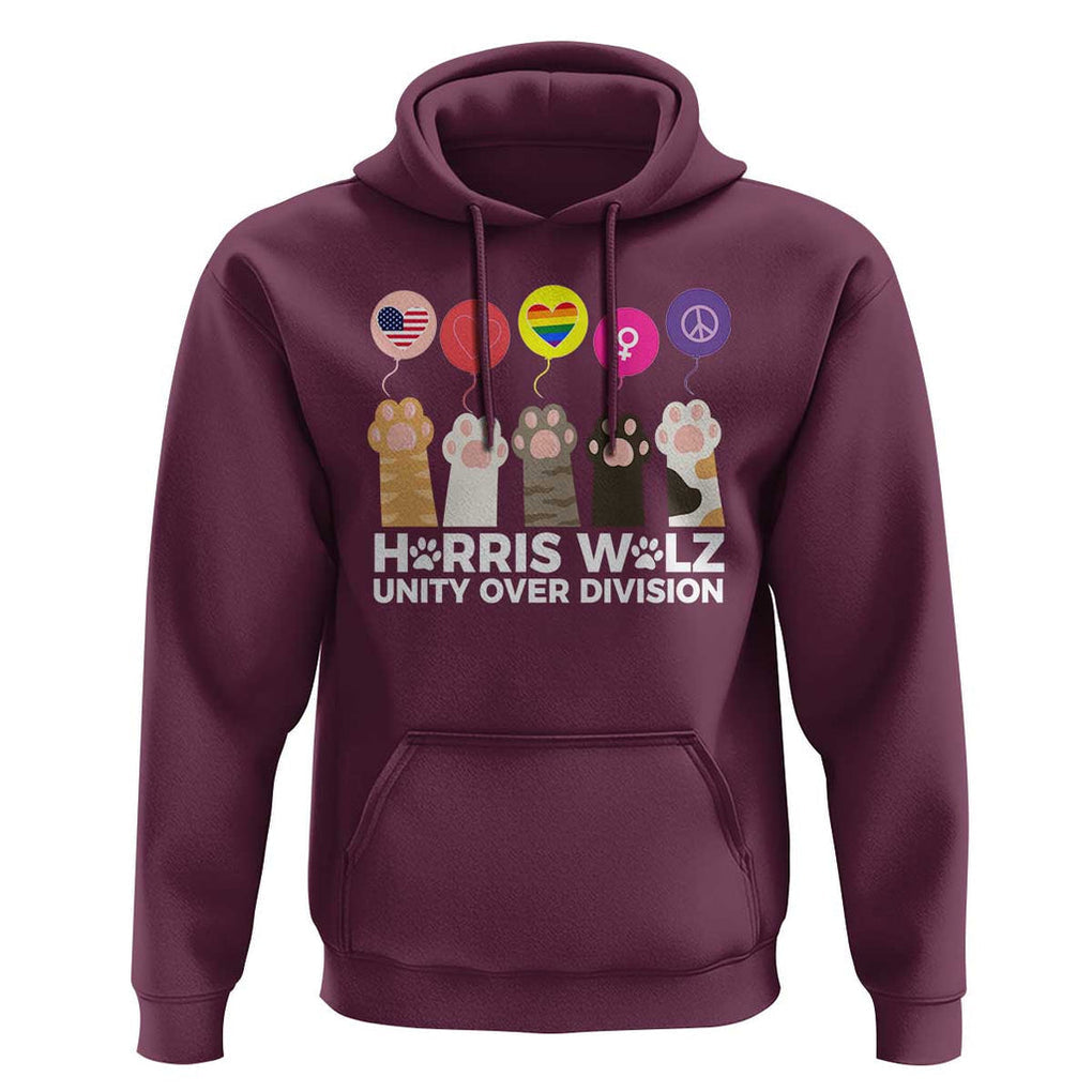 Funny Harris Walz Supporter Hoodie Unity Over Division Cat Paw American Flag Human Rights Feminism Equal Rights TS11 Maroon Print Your Wear