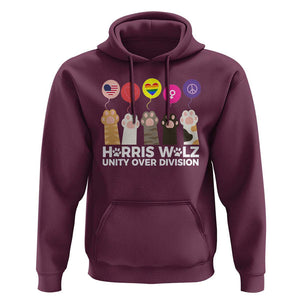 Funny Harris Walz Supporter Hoodie Unity Over Division Cat Paw American Flag Human Rights Feminism Equal Rights TS11 Maroon Print Your Wear
