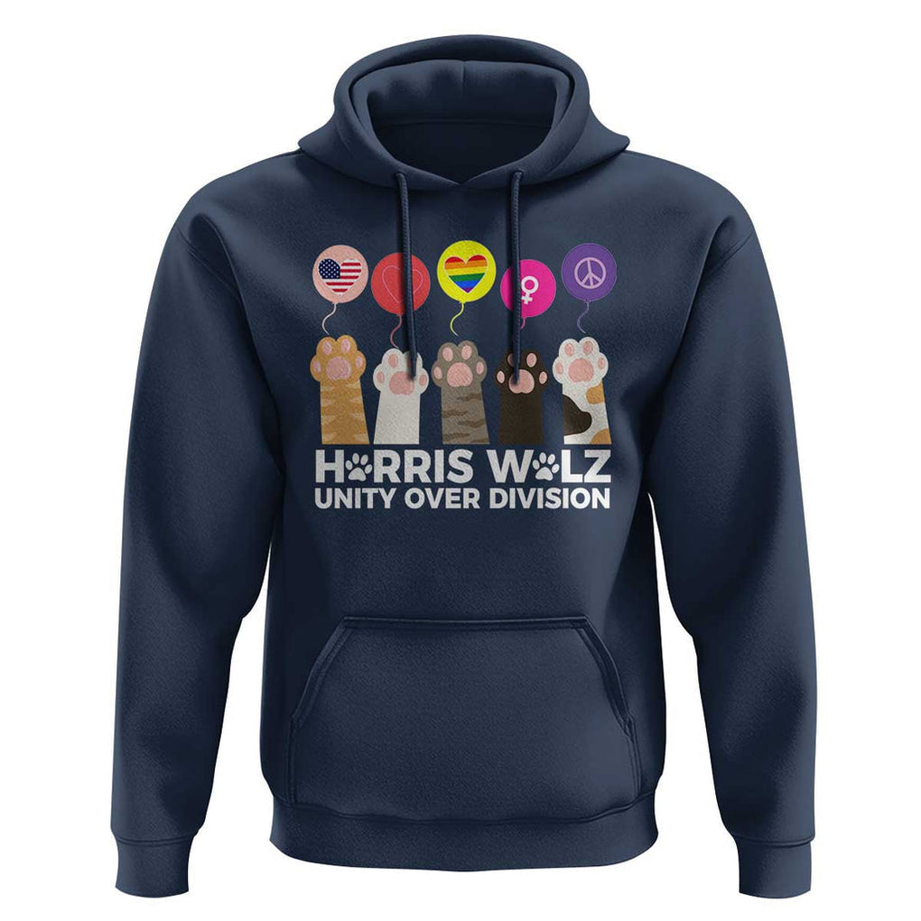 Funny Harris Walz Supporter Hoodie Unity Over Division Cat Paw American Flag Human Rights Feminism Equal Rights TS11 Navy Print Your Wear