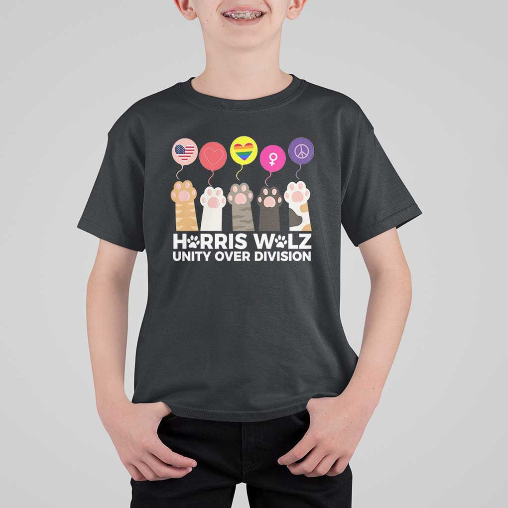 Funny Harris Walz Supporter T Shirt For Kid Unity Over Division Cat Paw American Flag Human Rights Feminism Equal Rights TS11 Black Print Your Wear