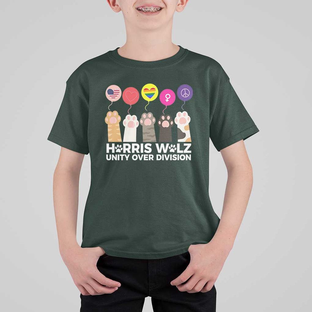 Funny Harris Walz Supporter T Shirt For Kid Unity Over Division Cat Paw American Flag Human Rights Feminism Equal Rights TS11 Dark Forest Green Print Your Wear