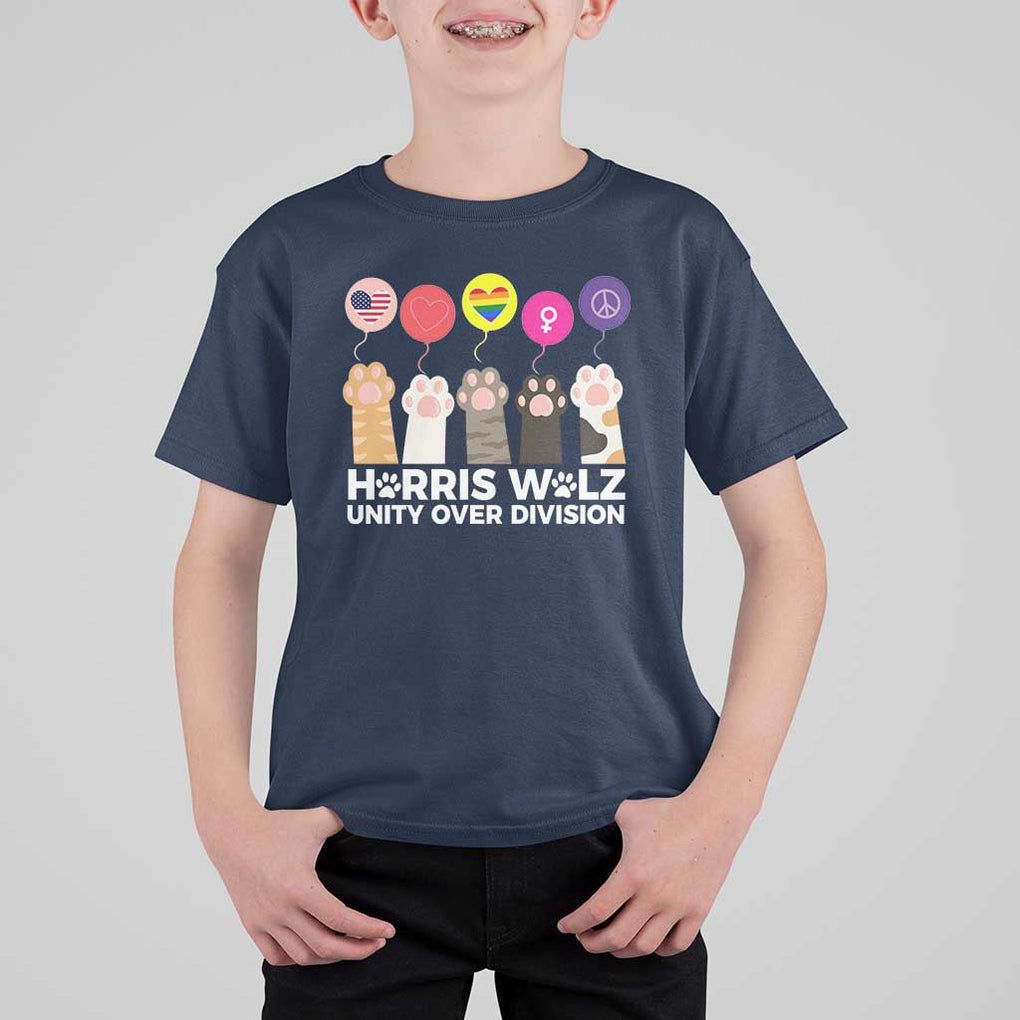 Funny Harris Walz Supporter T Shirt For Kid Unity Over Division Cat Paw American Flag Human Rights Feminism Equal Rights TS11 Navy Print Your Wear