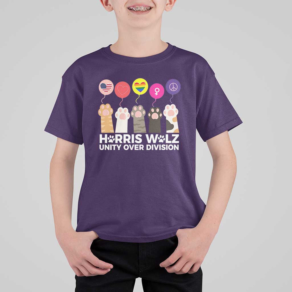 Funny Harris Walz Supporter T Shirt For Kid Unity Over Division Cat Paw American Flag Human Rights Feminism Equal Rights TS11 Purple Print Your Wear