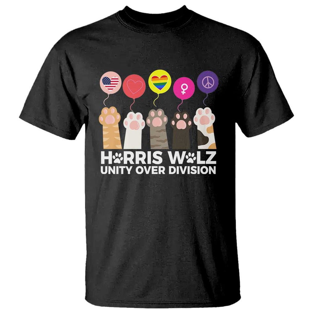 Funny Harris Walz Supporter T Shirt Unity Over Division Cat Paw American Flag Human Rights Feminism Equal Rights TS11 Black Print Your Wear