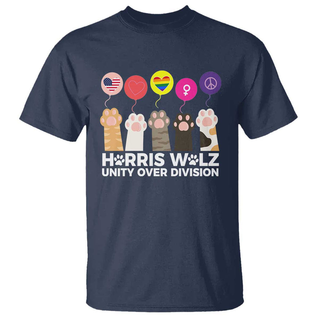 Funny Harris Walz Supporter T Shirt Unity Over Division Cat Paw American Flag Human Rights Feminism Equal Rights TS11 Navy Print Your Wear