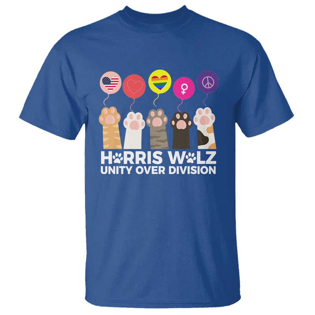 Funny Harris Walz Supporter T Shirt Unity Over Division Cat Paw American Flag Human Rights Feminism Equal Rights TS11 Royal Blue Print Your Wear