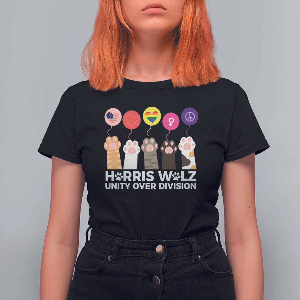 Funny Harris Walz Supporter T Shirt For Women Unity Over Division Cat Paw American Flag Human Rights Feminism Equal Rights TS11 Black Print Your Wear