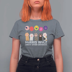 Funny Harris Walz Supporter T Shirt For Women Unity Over Division Cat Paw American Flag Human Rights Feminism Equal Rights TS11 Charcoal Print Your Wear