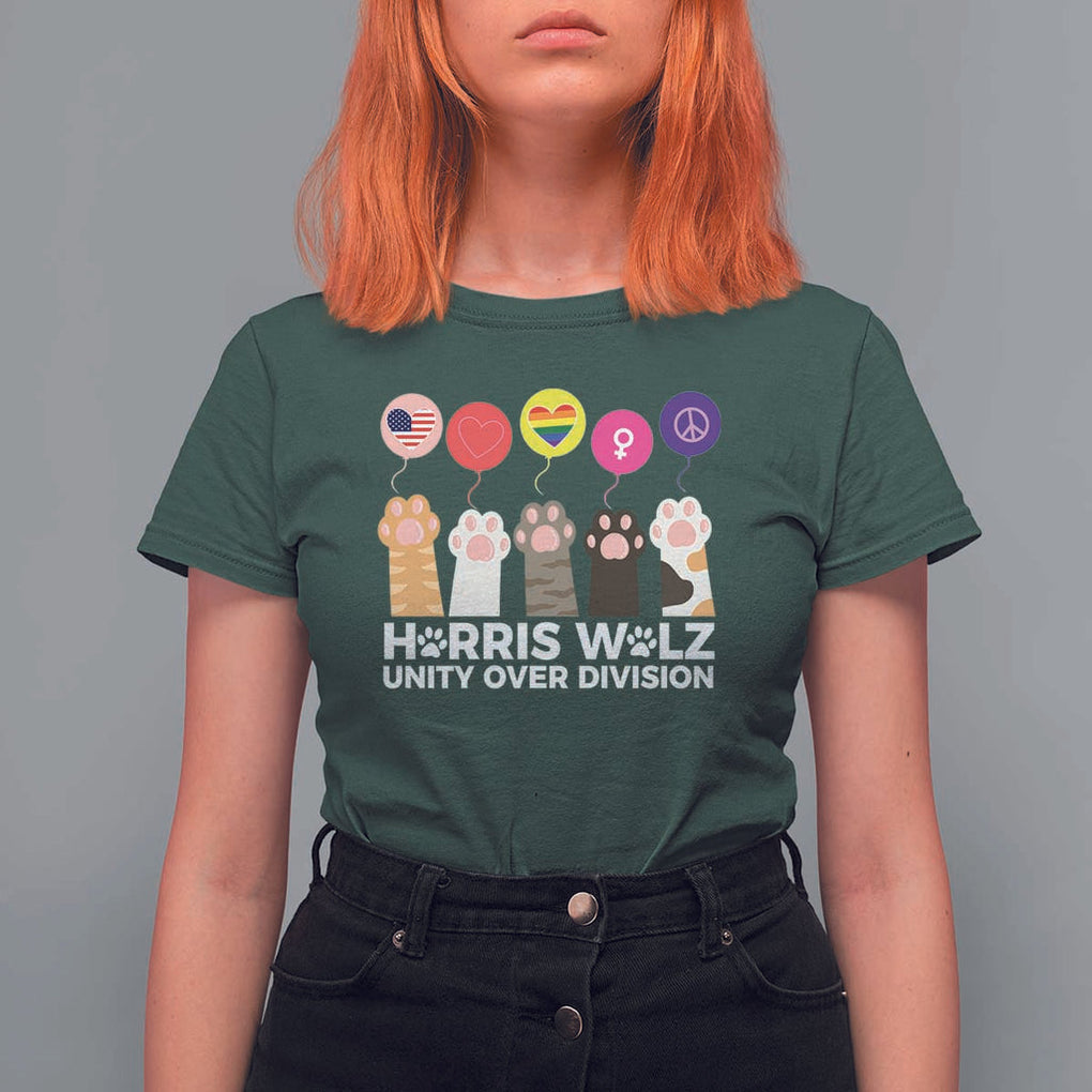 Funny Harris Walz Supporter T Shirt For Women Unity Over Division Cat Paw American Flag Human Rights Feminism Equal Rights TS11 Dark Forest Green Print Your Wear