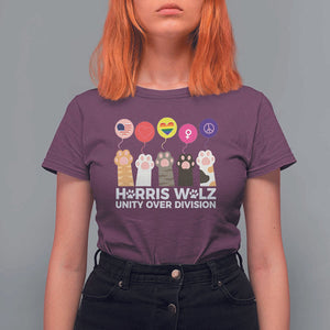 Funny Harris Walz Supporter T Shirt For Women Unity Over Division Cat Paw American Flag Human Rights Feminism Equal Rights TS11 Maroon Print Your Wear
