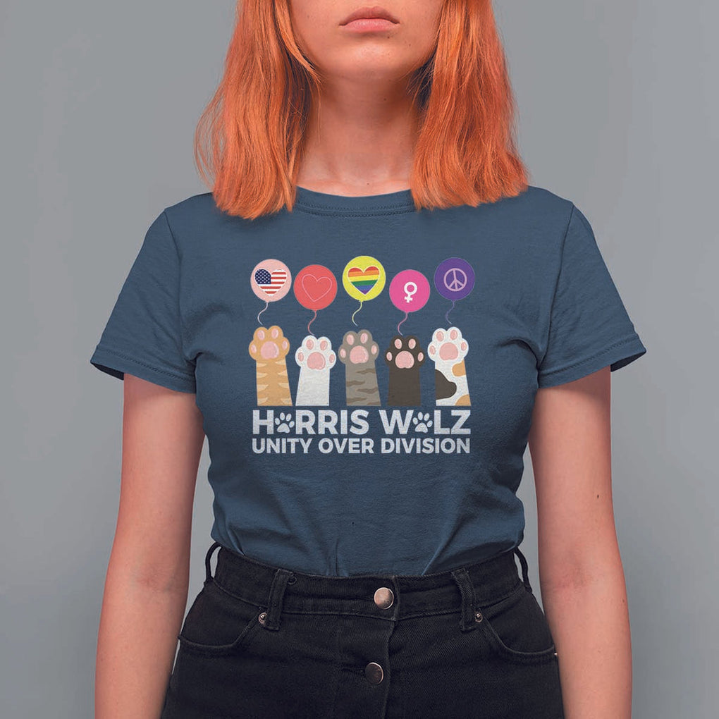 Funny Harris Walz Supporter T Shirt For Women Unity Over Division Cat Paw American Flag Human Rights Feminism Equal Rights TS11 Navy Print Your Wear