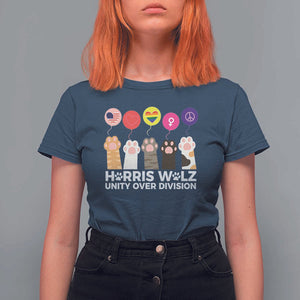 Funny Harris Walz Supporter T Shirt For Women Unity Over Division Cat Paw American Flag Human Rights Feminism Equal Rights TS11 Navy Print Your Wear