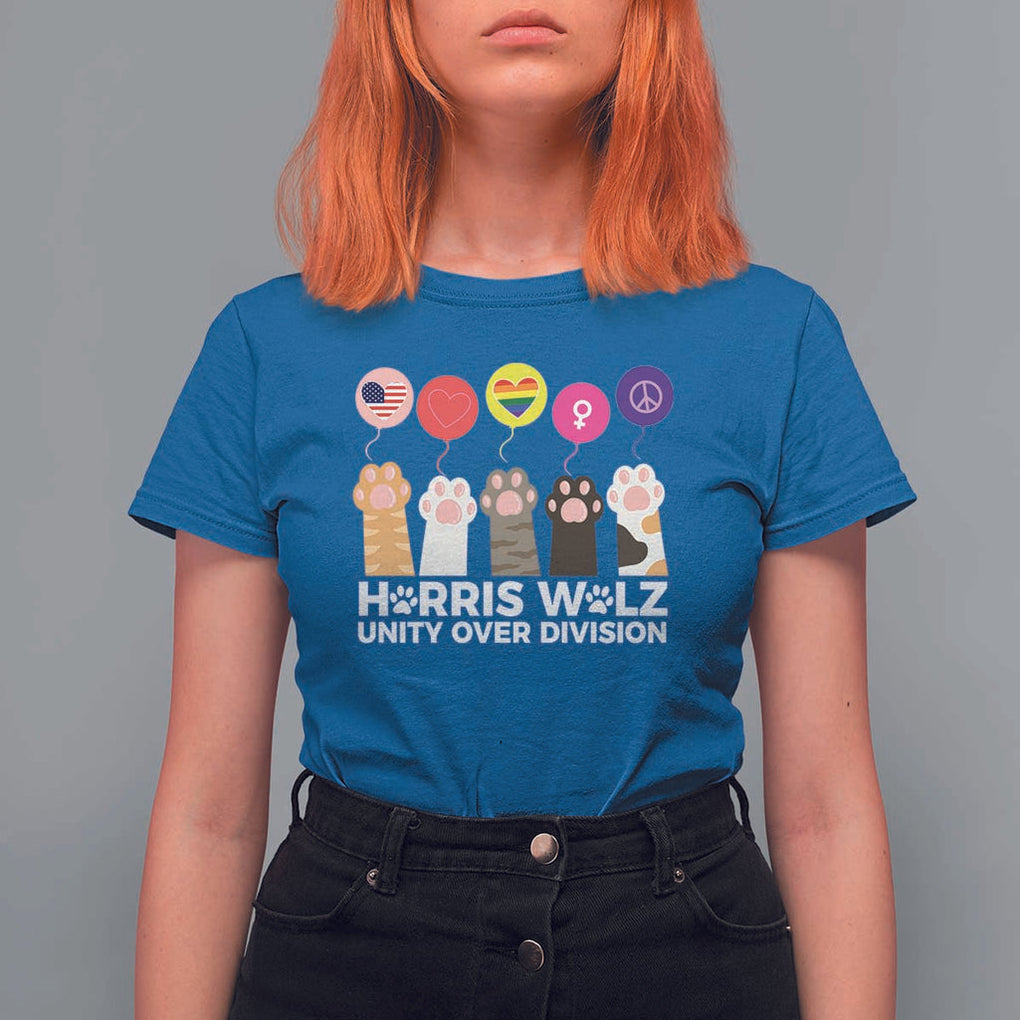 Funny Harris Walz Supporter T Shirt For Women Unity Over Division Cat Paw American Flag Human Rights Feminism Equal Rights TS11 Royal Blue Print Your Wear