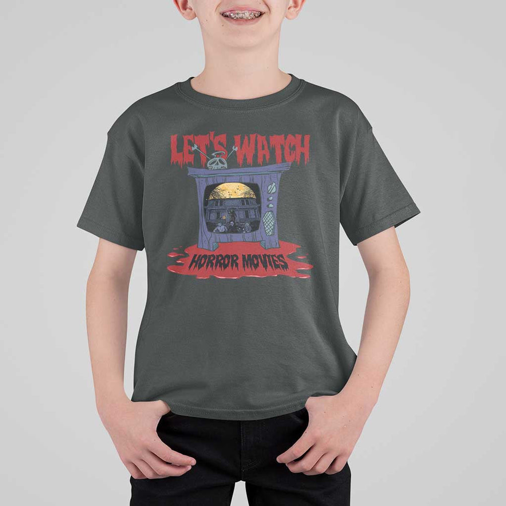 Funny Halloween T Shirt For Kid Let's Watch Horror Movies Televison Murderer Blood Skull TS11 Dark Heather Print Your Wear
