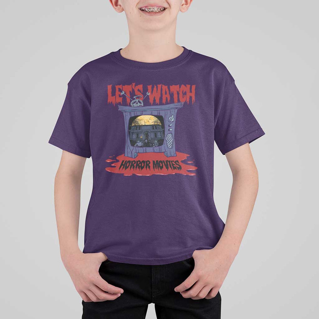 Funny Halloween T Shirt For Kid Let's Watch Horror Movies Televison Murderer Blood Skull TS11 Purple Print Your Wear