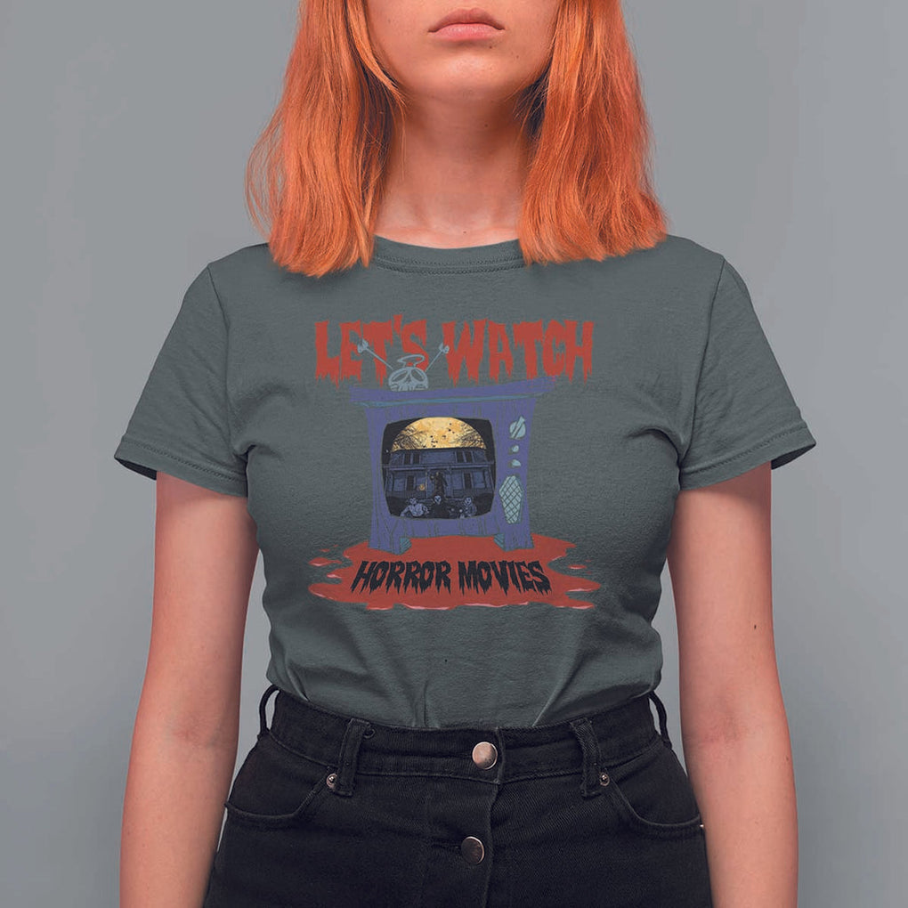 Funny Halloween T Shirt For Women Let's Watch Horror Movies Televison Murderer Blood Skull TS11 Dark Heather Print Your Wear