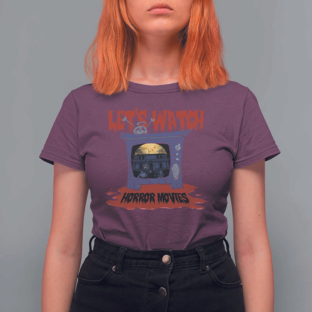 Funny Halloween T Shirt For Women Let's Watch Horror Movies Televison Murderer Blood Skull TS11 Maroon Print Your Wear