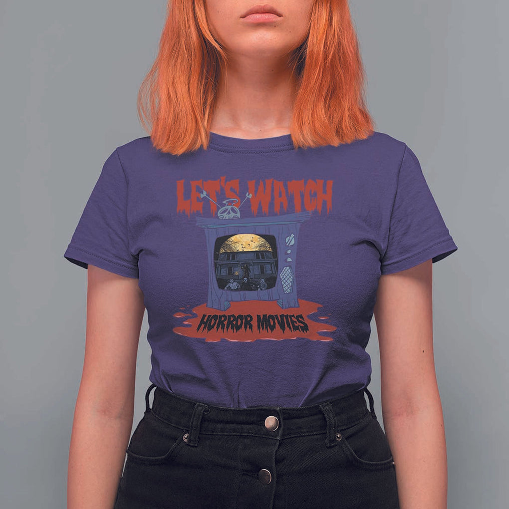 Funny Halloween T Shirt For Women Let's Watch Horror Movies Televison Murderer Blood Skull TS11 Purple Print Your Wear