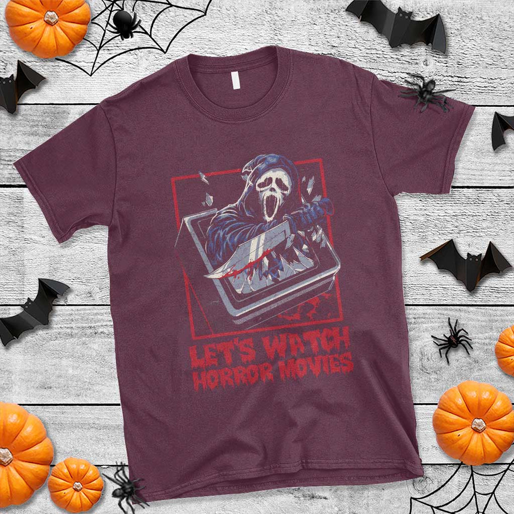 Funny Halloween T Shirt Let's Watch Horror Movies Ghost Broken Televison Knife TS11 Maroon Print Your Wear