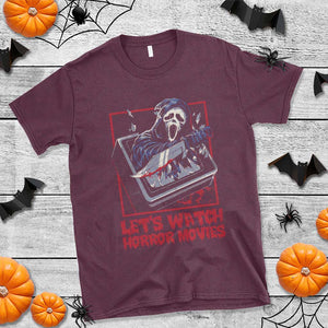 Funny Halloween T Shirt Let's Watch Horror Movies Ghost Broken Televison Knife TS11 Maroon Print Your Wear