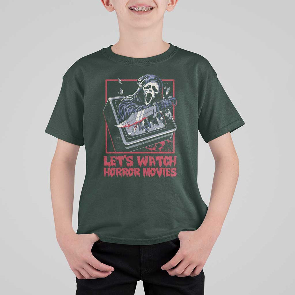 Funny Halloween T Shirt For Kid Let's Watch Horror Movies Ghost Broken Televison Knife TS11 Dark Forest Green Print Your Wear