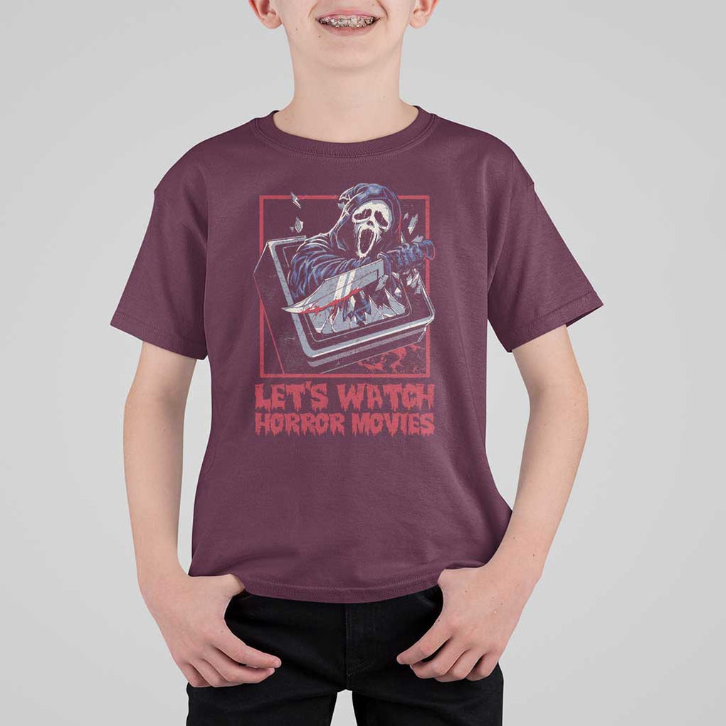 Funny Halloween T Shirt For Kid Let's Watch Horror Movies Ghost Broken Televison Knife TS11 Maroon Print Your Wear