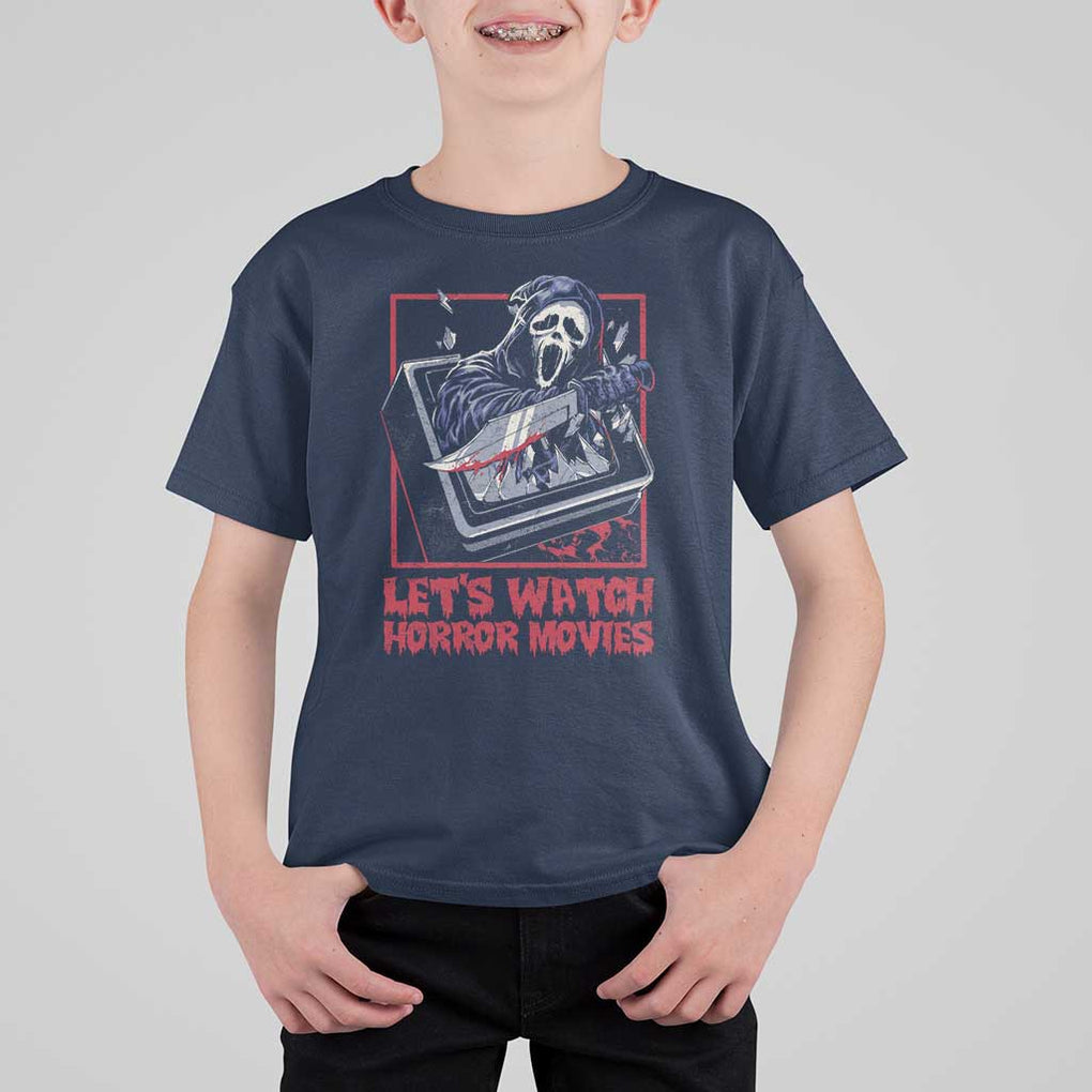 Funny Halloween T Shirt For Kid Let's Watch Horror Movies Ghost Broken Televison Knife TS11 Navy Print Your Wear