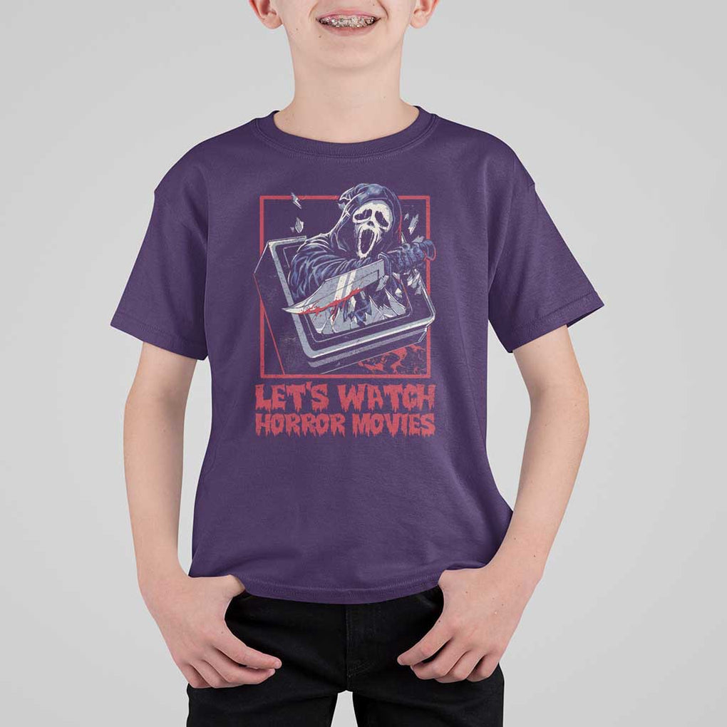 Funny Halloween T Shirt For Kid Let's Watch Horror Movies Ghost Broken Televison Knife TS11 Purple Print Your Wear