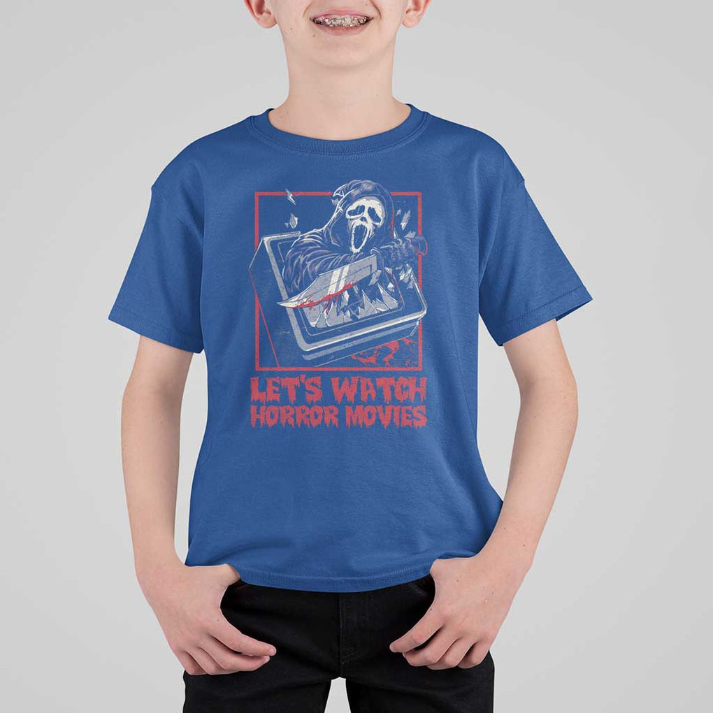 Funny Halloween T Shirt For Kid Let's Watch Horror Movies Ghost Broken Televison Knife TS11 Royal Blue Print Your Wear