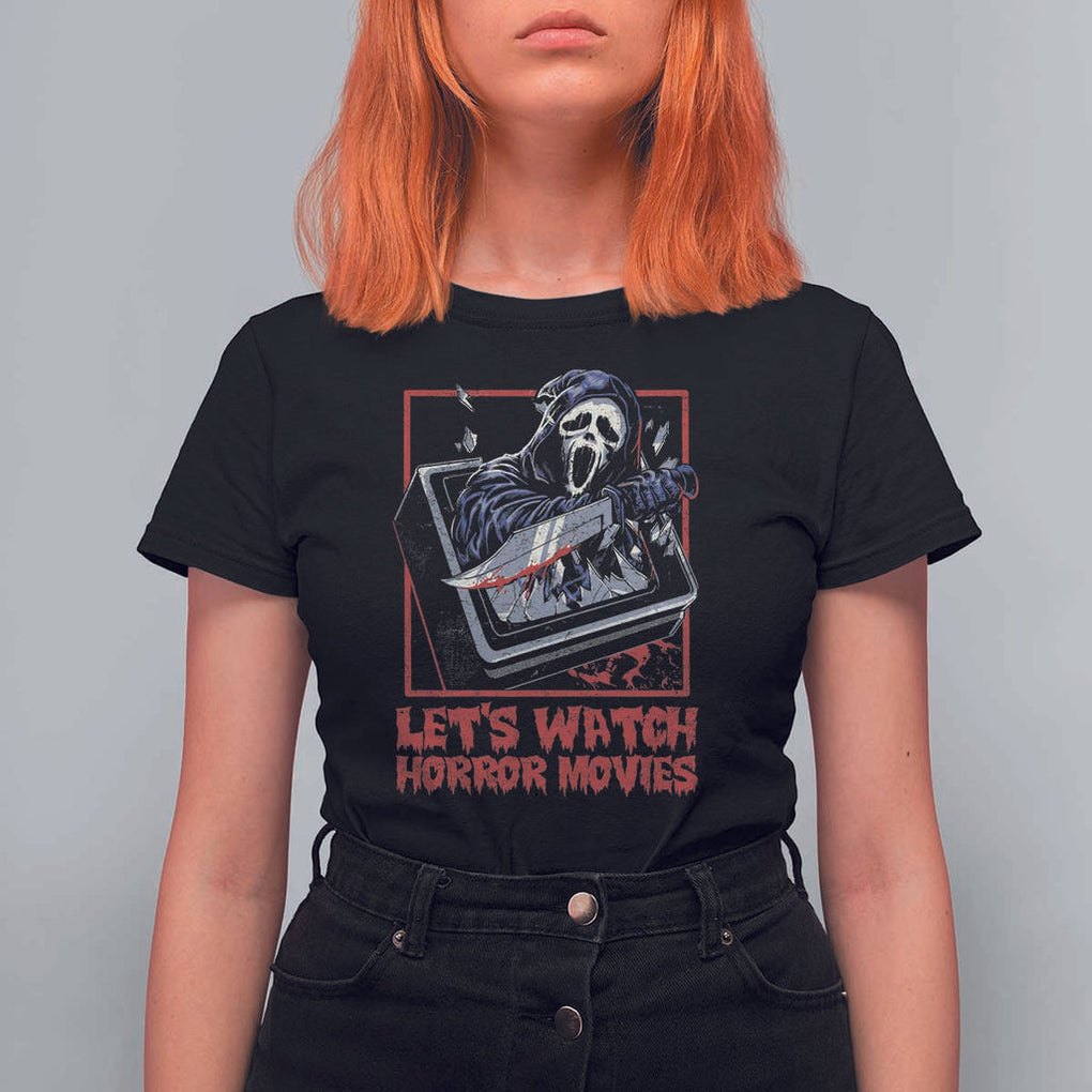 Funny Halloween T Shirt For Women Let's Watch Horror Movies Ghost Broken Televison Knife TS11 Black Print Your Wear