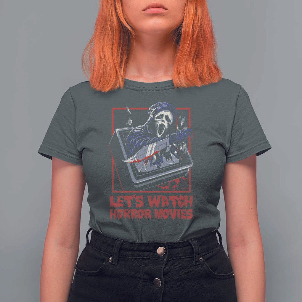 Funny Halloween T Shirt For Women Let's Watch Horror Movies Ghost Broken Televison Knife TS11 Dark Heather Print Your Wear