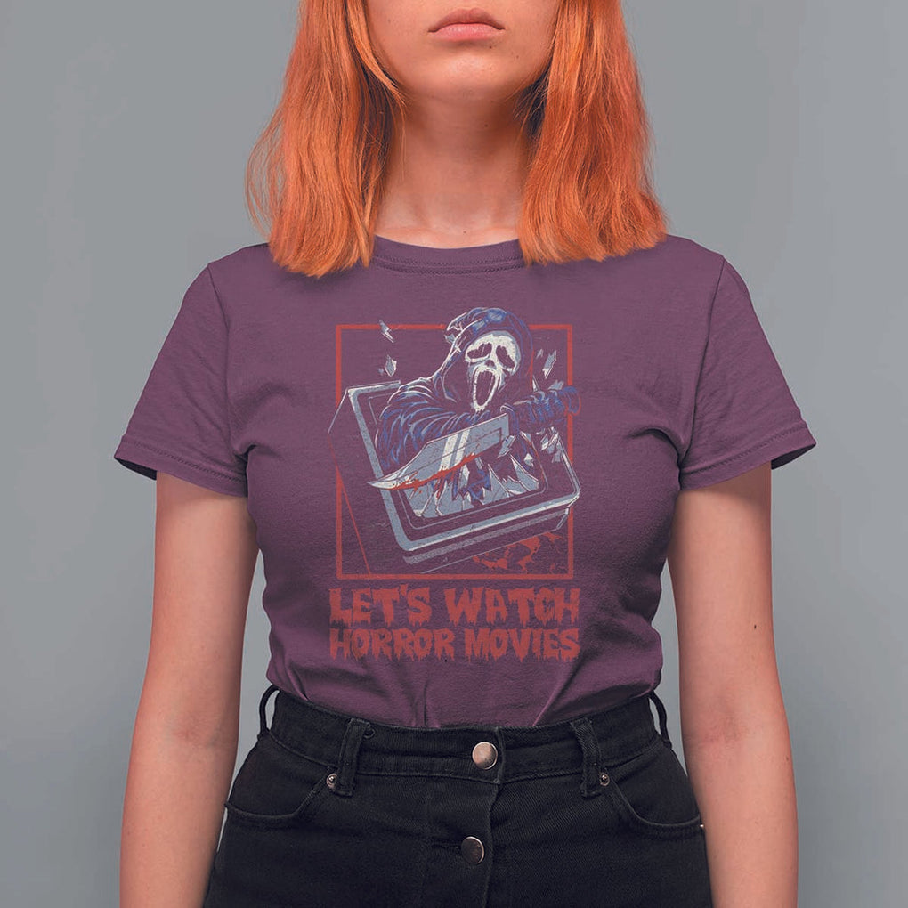 Funny Halloween T Shirt For Women Let's Watch Horror Movies Ghost Broken Televison Knife TS11 Maroon Print Your Wear