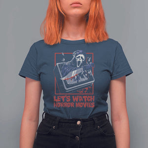 Funny Halloween T Shirt For Women Let's Watch Horror Movies Ghost Broken Televison Knife TS11 Navy Print Your Wear